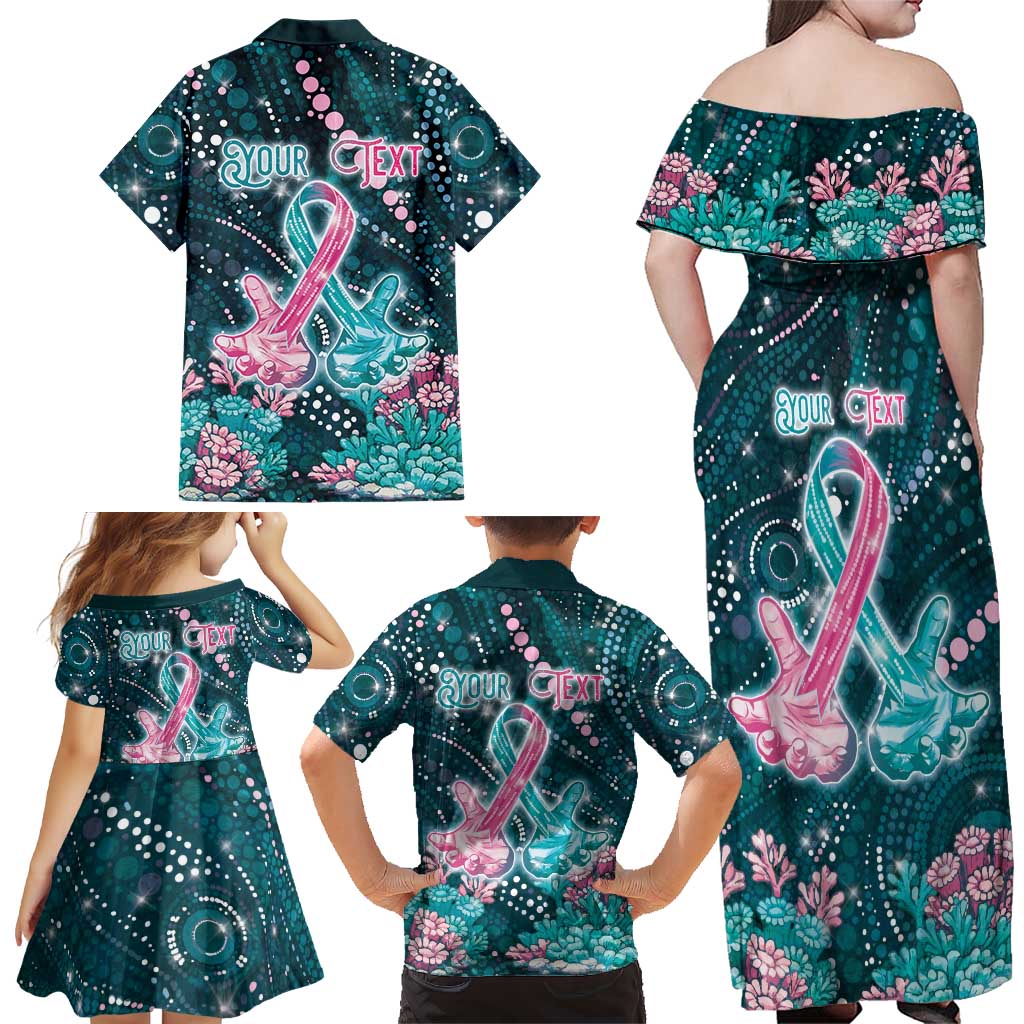 Personalised Hereditary Cancer Awareness Family Matching Off Shoulder Maxi Dress and Hawaiian Shirt Hope Ribbon With Aussie Teal Duncan Coral