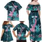 Personalised Hereditary Cancer Awareness Family Matching Off Shoulder Maxi Dress and Hawaiian Shirt Hope Ribbon With Aussie Teal Duncan Coral