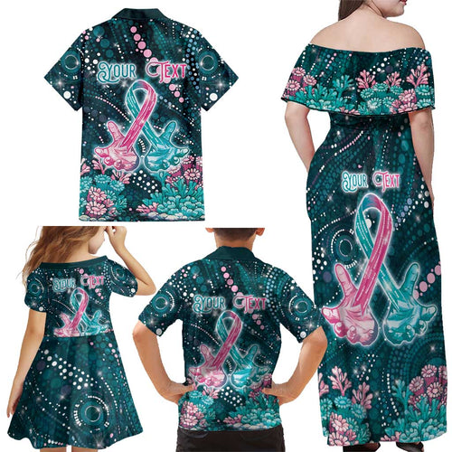 Personalised Hereditary Cancer Awareness Family Matching Off Shoulder Maxi Dress and Hawaiian Shirt Hope Ribbon With Aussie Teal Duncan Coral