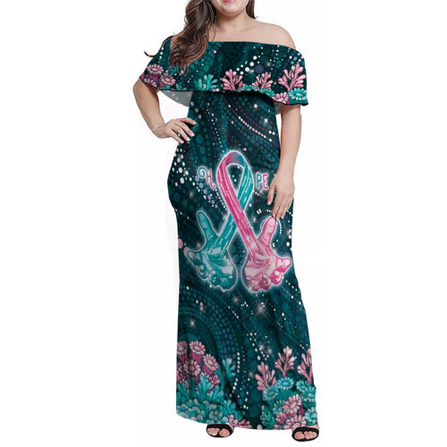 Personalised Hereditary Cancer Awareness Family Matching Off Shoulder Maxi Dress and Hawaiian Shirt Hope Ribbon With Aussie Teal Duncan Coral