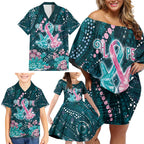 Personalised Hereditary Cancer Awareness Family Matching Off Shoulder Short Dress and Hawaiian Shirt Hope Ribbon With Aussie Teal Duncan Coral