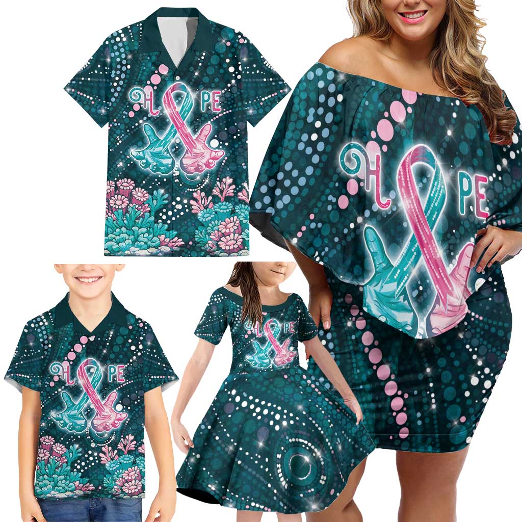 Personalised Hereditary Cancer Awareness Family Matching Off Shoulder Short Dress and Hawaiian Shirt Hope Ribbon With Aussie Teal Duncan Coral