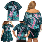 Personalised Hereditary Cancer Awareness Family Matching Off Shoulder Short Dress and Hawaiian Shirt Hope Ribbon With Aussie Teal Duncan Coral