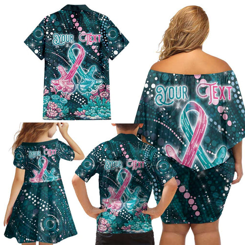 Personalised Hereditary Cancer Awareness Family Matching Off Shoulder Short Dress and Hawaiian Shirt Hope Ribbon With Aussie Teal Duncan Coral