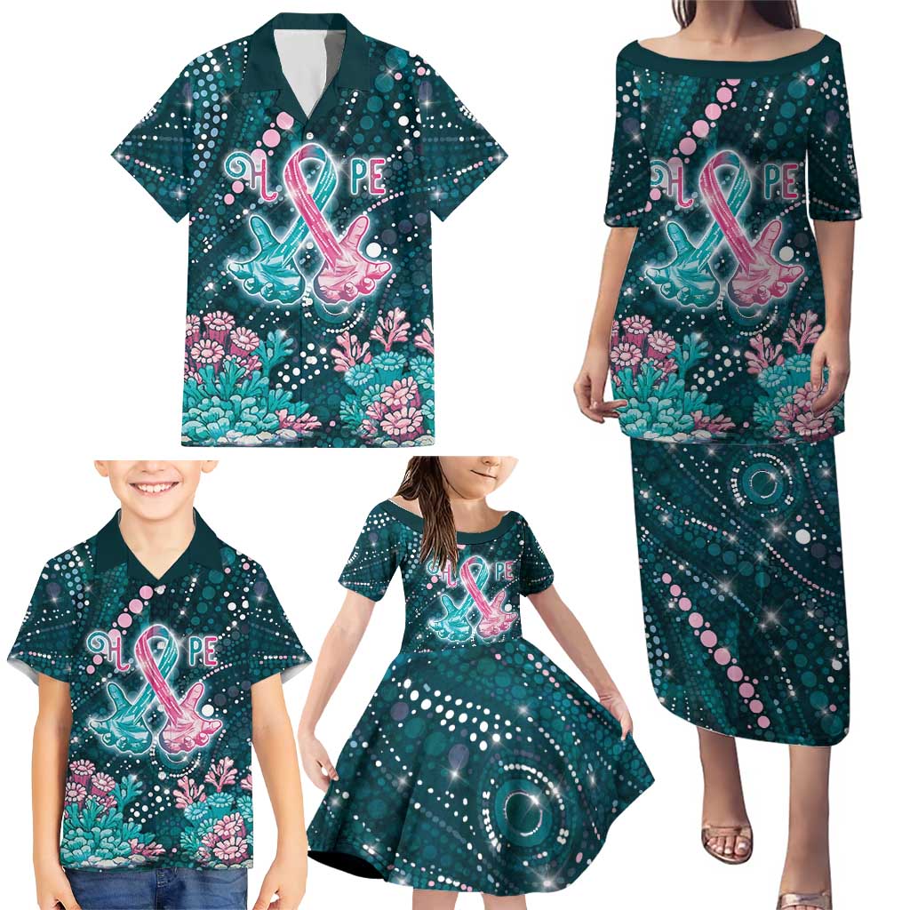 Personalised Hereditary Cancer Awareness Family Matching Puletasi and Hawaiian Shirt Hope Ribbon With Aussie Teal Duncan Coral