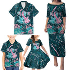 Personalised Hereditary Cancer Awareness Family Matching Puletasi and Hawaiian Shirt Hope Ribbon With Aussie Teal Duncan Coral