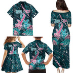 Personalised Hereditary Cancer Awareness Family Matching Puletasi and Hawaiian Shirt Hope Ribbon With Aussie Teal Duncan Coral