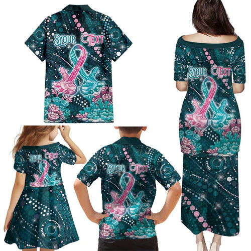 Personalised Hereditary Cancer Awareness Family Matching Puletasi and Hawaiian Shirt Hope Ribbon With Aussie Teal Duncan Coral