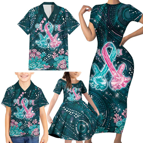 Personalised Hereditary Cancer Awareness Family Matching Short Sleeve Bodycon Dress and Hawaiian Shirt Hope Ribbon With Aussie Teal Duncan Coral