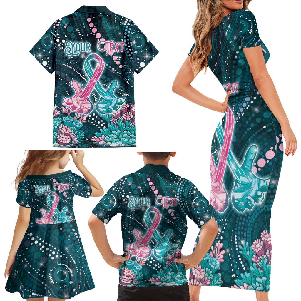 Personalised Hereditary Cancer Awareness Family Matching Short Sleeve Bodycon Dress and Hawaiian Shirt Hope Ribbon With Aussie Teal Duncan Coral