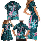 Personalised Hereditary Cancer Awareness Family Matching Short Sleeve Bodycon Dress and Hawaiian Shirt Hope Ribbon With Aussie Teal Duncan Coral