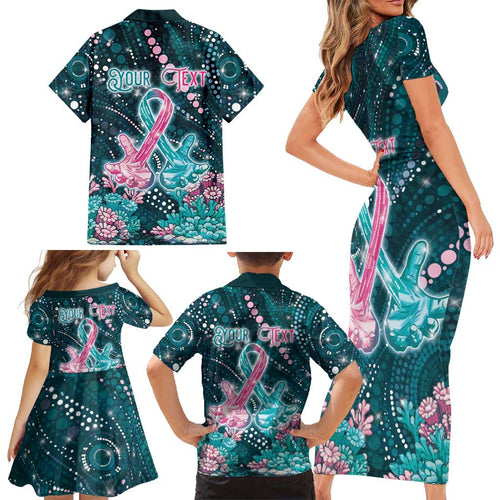 Personalised Hereditary Cancer Awareness Family Matching Short Sleeve Bodycon Dress and Hawaiian Shirt Hope Ribbon With Aussie Teal Duncan Coral