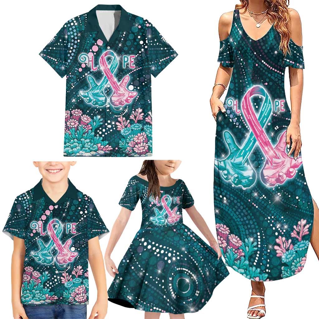 Personalised Hereditary Cancer Awareness Family Matching Summer Maxi Dress and Hawaiian Shirt Hope Ribbon With Aussie Teal Duncan Coral