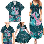 Personalised Hereditary Cancer Awareness Family Matching Summer Maxi Dress and Hawaiian Shirt Hope Ribbon With Aussie Teal Duncan Coral