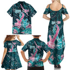 Personalised Hereditary Cancer Awareness Family Matching Summer Maxi Dress and Hawaiian Shirt Hope Ribbon With Aussie Teal Duncan Coral