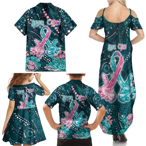 Personalised Hereditary Cancer Awareness Family Matching Summer Maxi Dress and Hawaiian Shirt Hope Ribbon With Aussie Teal Duncan Coral
