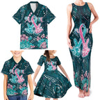 Personalised Hereditary Cancer Awareness Family Matching Tank Maxi Dress and Hawaiian Shirt Hope Ribbon With Aussie Teal Duncan Coral