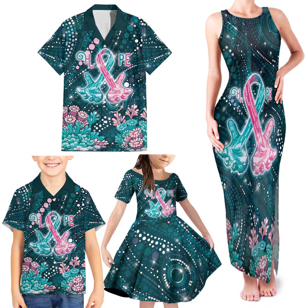 Personalised Hereditary Cancer Awareness Family Matching Tank Maxi Dress and Hawaiian Shirt Hope Ribbon With Aussie Teal Duncan Coral