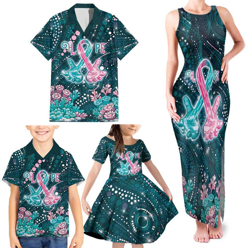 Personalised Hereditary Cancer Awareness Family Matching Tank Maxi Dress and Hawaiian Shirt Hope Ribbon With Aussie Teal Duncan Coral