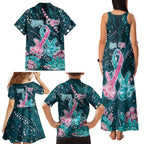 Personalised Hereditary Cancer Awareness Family Matching Tank Maxi Dress and Hawaiian Shirt Hope Ribbon With Aussie Teal Duncan Coral