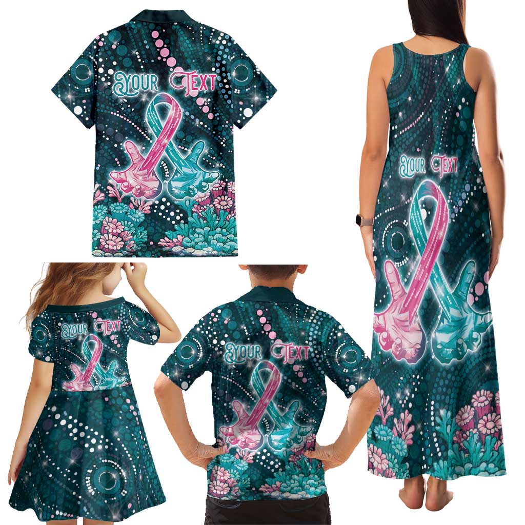 Personalised Hereditary Cancer Awareness Family Matching Tank Maxi Dress and Hawaiian Shirt Hope Ribbon With Aussie Teal Duncan Coral