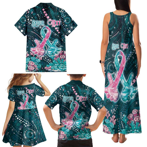 Personalised Hereditary Cancer Awareness Family Matching Tank Maxi Dress and Hawaiian Shirt Hope Ribbon With Aussie Teal Duncan Coral