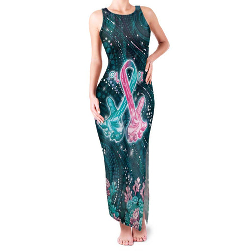 Personalised Hereditary Cancer Awareness Family Matching Tank Maxi Dress and Hawaiian Shirt Hope Ribbon With Aussie Teal Duncan Coral