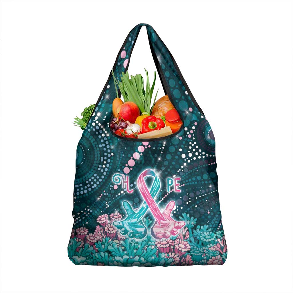 Hereditary Cancer Awareness Grocery Bag Hope Ribbon With Aussie Teal Duncan Coral