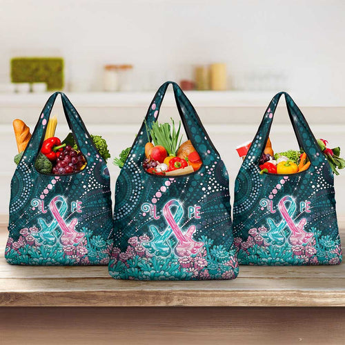 Hereditary Cancer Awareness Grocery Bag Hope Ribbon With Aussie Teal Duncan Coral