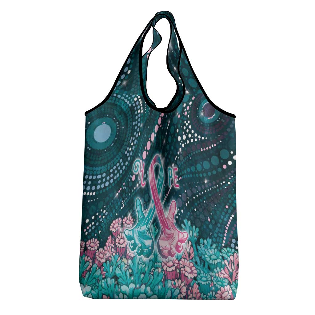 Hereditary Cancer Awareness Grocery Bag Hope Ribbon With Aussie Teal Duncan Coral