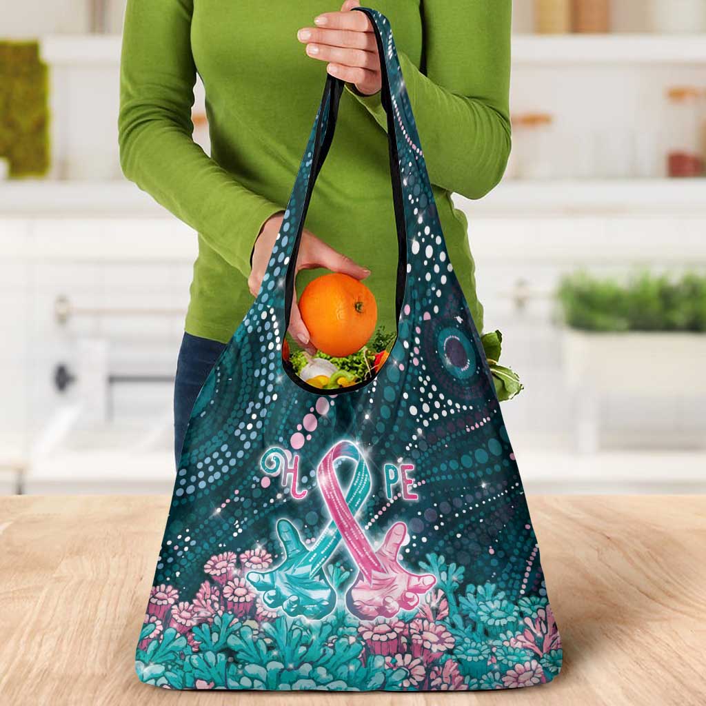 Hereditary Cancer Awareness Grocery Bag Hope Ribbon With Aussie Teal Duncan Coral