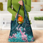 Hereditary Cancer Awareness Grocery Bag Hope Ribbon With Aussie Teal Duncan Coral