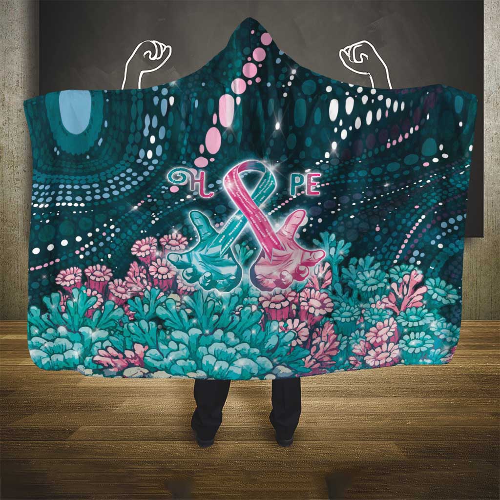 Hereditary Cancer Awareness Hooded Blanket Hope Ribbon With Aussie Teal Duncan Coral