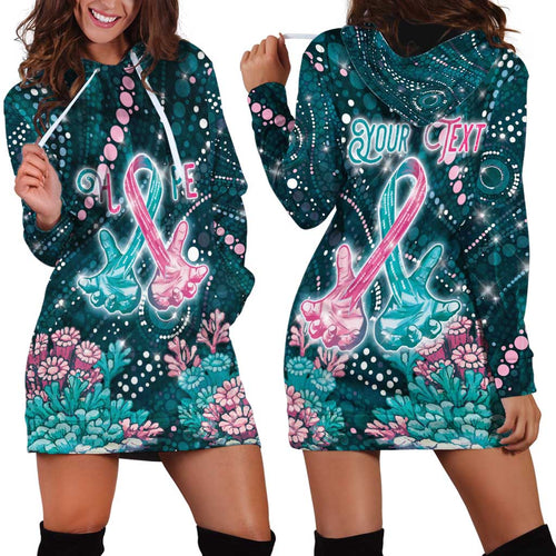 Personalised Hereditary Cancer Awareness Hoodie Dress Hope Ribbon With Aussie Teal Duncan Coral