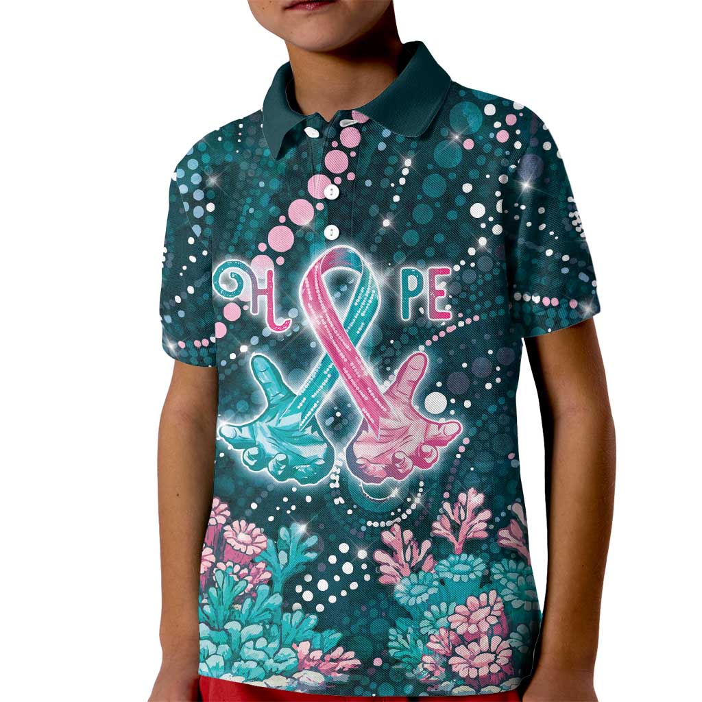Personalised Hereditary Cancer Awareness Kid Polo Shirt Hope Ribbon With Aussie Teal Duncan Coral