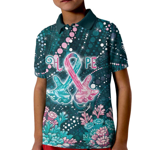 Personalised Hereditary Cancer Awareness Kid Polo Shirt Hope Ribbon With Aussie Teal Duncan Coral