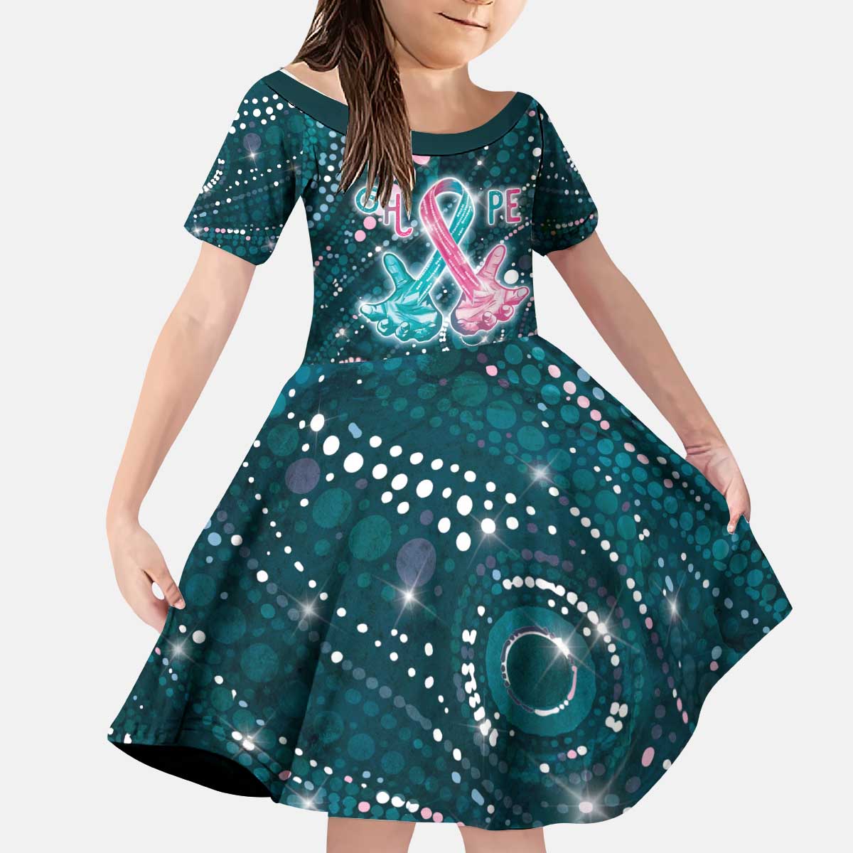 Personalised Hereditary Cancer Awareness Kid Short Sleeve Dress Hope Ribbon With Aussie Teal Duncan Coral