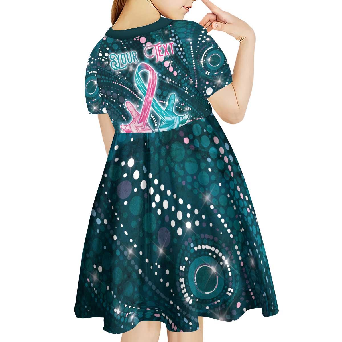 Personalised Hereditary Cancer Awareness Kid Short Sleeve Dress Hope Ribbon With Aussie Teal Duncan Coral