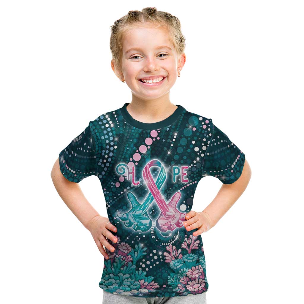 Personalised Hereditary Cancer Awareness Kid T Shirt Hope Ribbon With Aussie Teal Duncan Coral