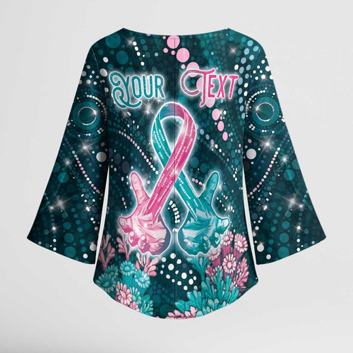 Personalised Hereditary Cancer Awareness Kimono Sleeve Blouse Hope Ribbon With Aussie Teal Duncan Coral