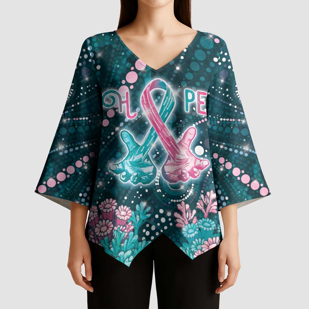 Personalised Hereditary Cancer Awareness Kimono Sleeve Blouse Hope Ribbon With Aussie Teal Duncan Coral