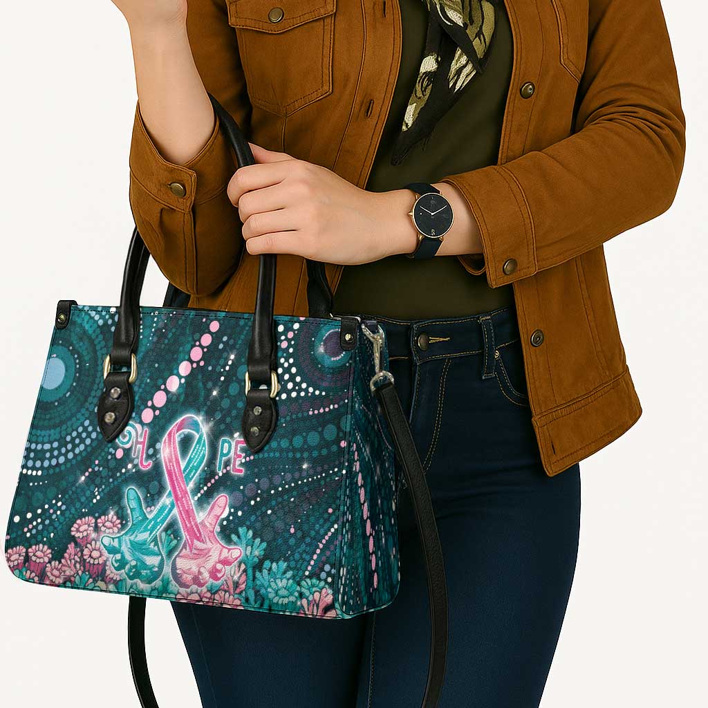 Hereditary Cancer Awareness Leather Bag Hope Ribbon With Aussie Teal Duncan Coral