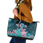 Hereditary Cancer Awareness Leather Tote Bag Hope Ribbon With Aussie Teal Duncan Coral