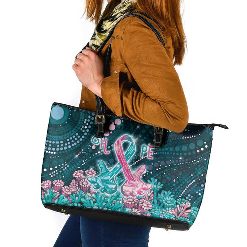 Hereditary Cancer Awareness Leather Tote Bag Hope Ribbon With Aussie Teal Duncan Coral