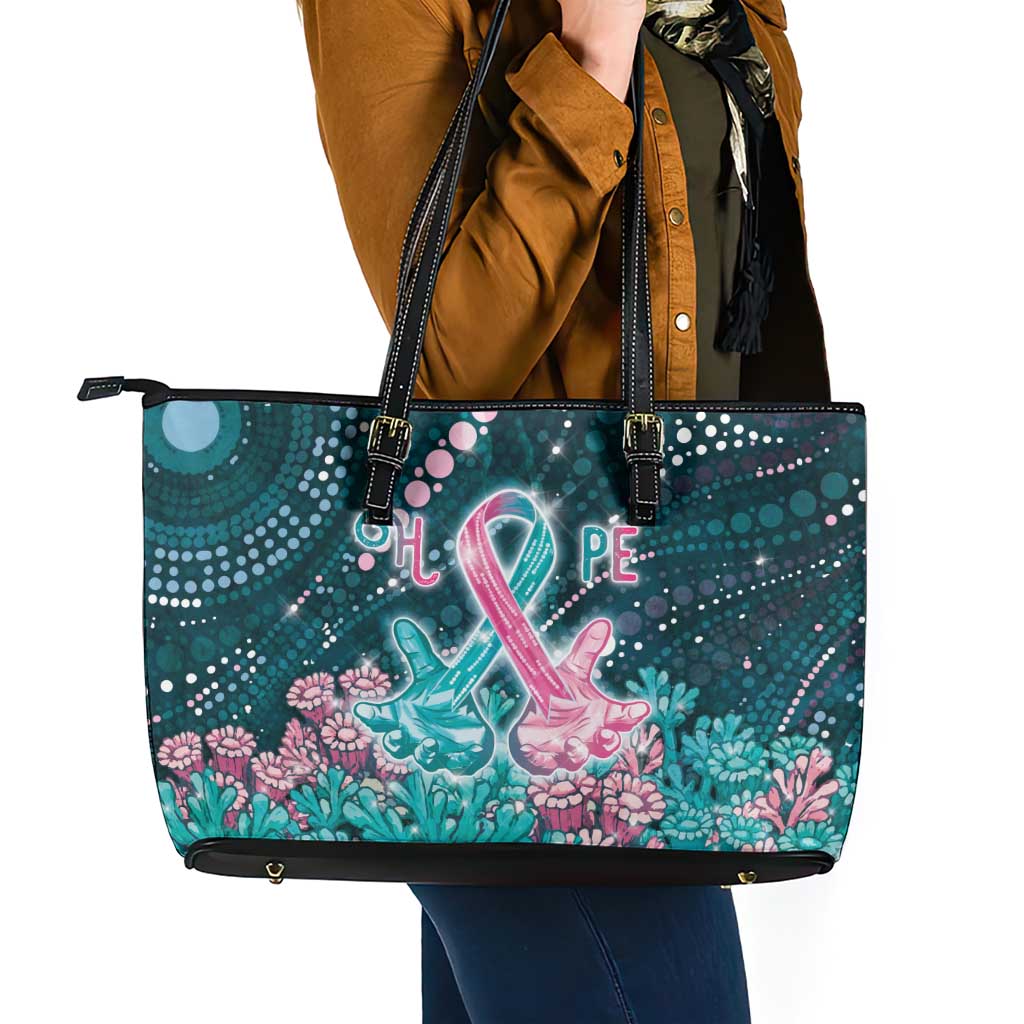 Hereditary Cancer Awareness Leather Tote Bag Hope Ribbon With Aussie Teal Duncan Coral