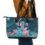 Hereditary Cancer Awareness Leather Tote Bag Hope Ribbon With Aussie Teal Duncan Coral