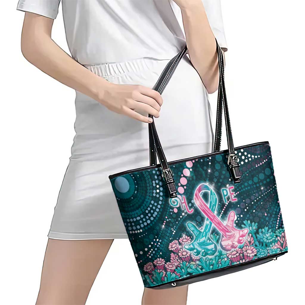 Hereditary Cancer Awareness Leather Tote Bag Hope Ribbon With Aussie Teal Duncan Coral