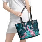 Hereditary Cancer Awareness Leather Tote Bag Hope Ribbon With Aussie Teal Duncan Coral