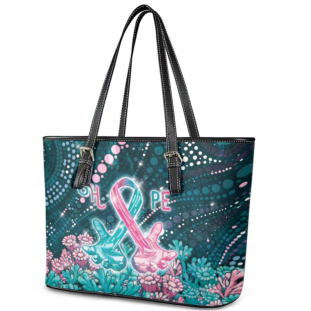 Hereditary Cancer Awareness Leather Tote Bag Hope Ribbon With Aussie Teal Duncan Coral