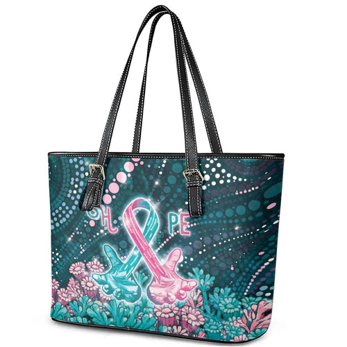 Hereditary Cancer Awareness Leather Tote Bag Hope Ribbon With Aussie Teal Duncan Coral